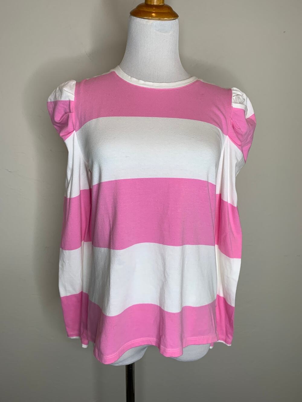 Charter Club Pink Cream Stripe Puff Long Sleeve T Shirt Sz XS